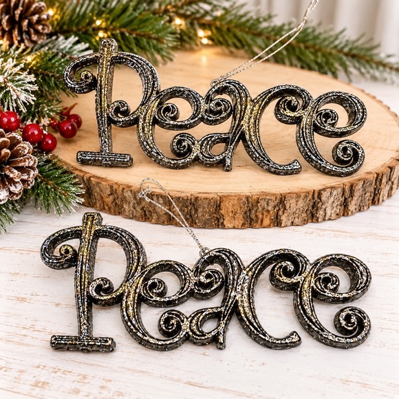 Other - Set of 2 Glitter Peace Script Ornaments Scrollwork Cursive Holiday Christmas